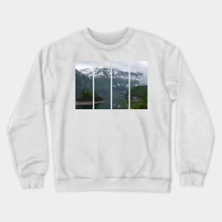 Wonderful landscapes in Norway. Vestland. Beautiful scenery of an island in the Roldalsvatnet lake. Snowed mountains and trees on rocks in background. Cloudy day Crewneck Sweatshirt